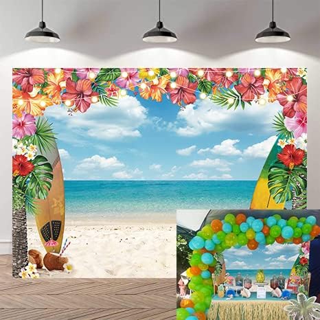 Плажен Фотофон Годишният Фон за парти Алоха Luau на Хаваите Тропически Цветя, Палми, Синьо Небе Океан Декор Банер,