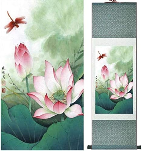 Стенен свитък китайско изкуство BABESA, монтиран на стената, Декоративна живопис в стил цветя, лотос и водни лилии