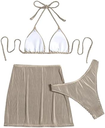 SweatyRocks / Женски Бански костюм-Бикини в лента, цвят Зебра, Комплект от 3 теми и Плажната Поли, Бански Костюм
