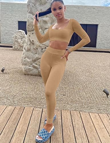 Жена Тренировъчен спортен костюм Kaximil, Комплект Дрехи от 2 теми, Съкратен Топ с дълъг ръкав, Гамаши, Подходящи