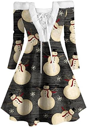 Жена Грозна Коледна Рокля в Голям Размер, с Кръгло Деколте и дълги Ръкави-Клешами, Вечерна Рокля-Люлка